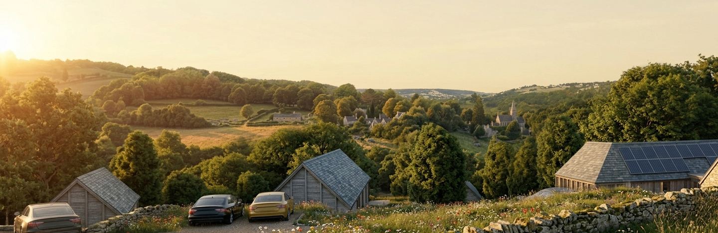 Windsor Edge visual looking across the valley towards Woodchester, with low pitched-roof homes behind a dry-stone wall